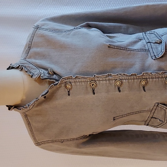 OSO Causuals Women's Jacket Grey Denim Ruffled Fitted Y2K 90's Size 8 - Picture 2 of 16
